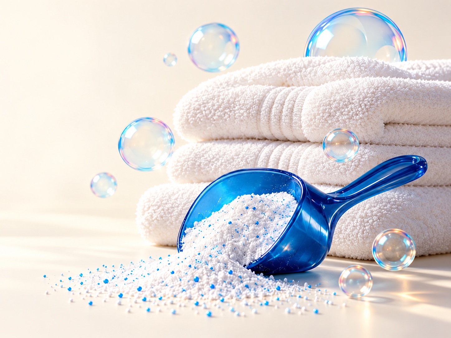 Fresh white towels, a blue detergent scoop, and soap bubbles