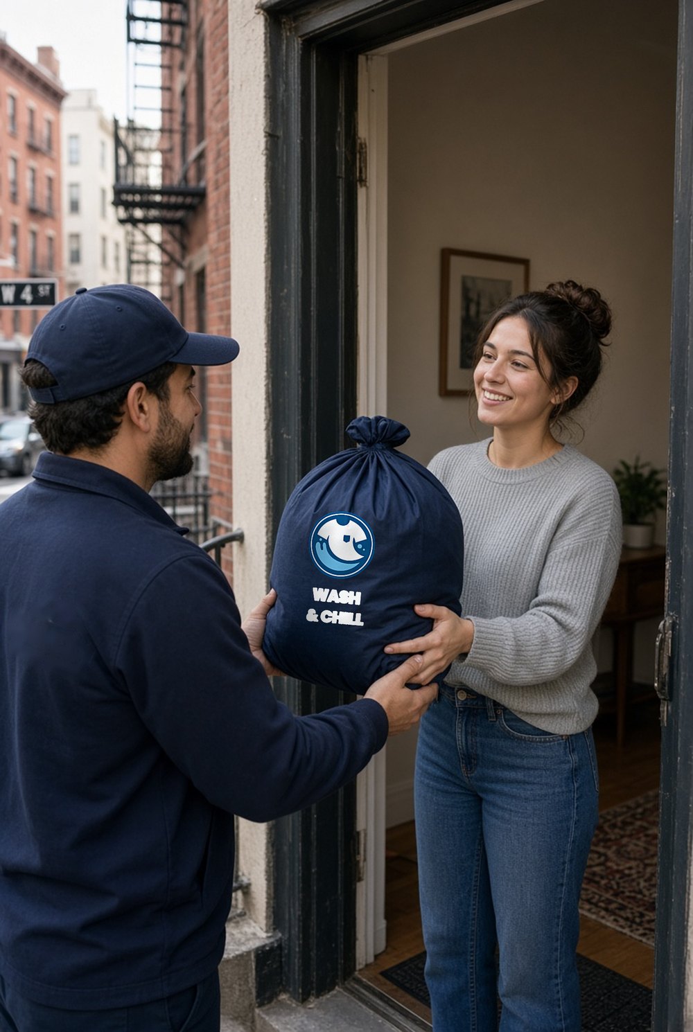Laundry delivery worker handing a Wash & Chill bag to a customer