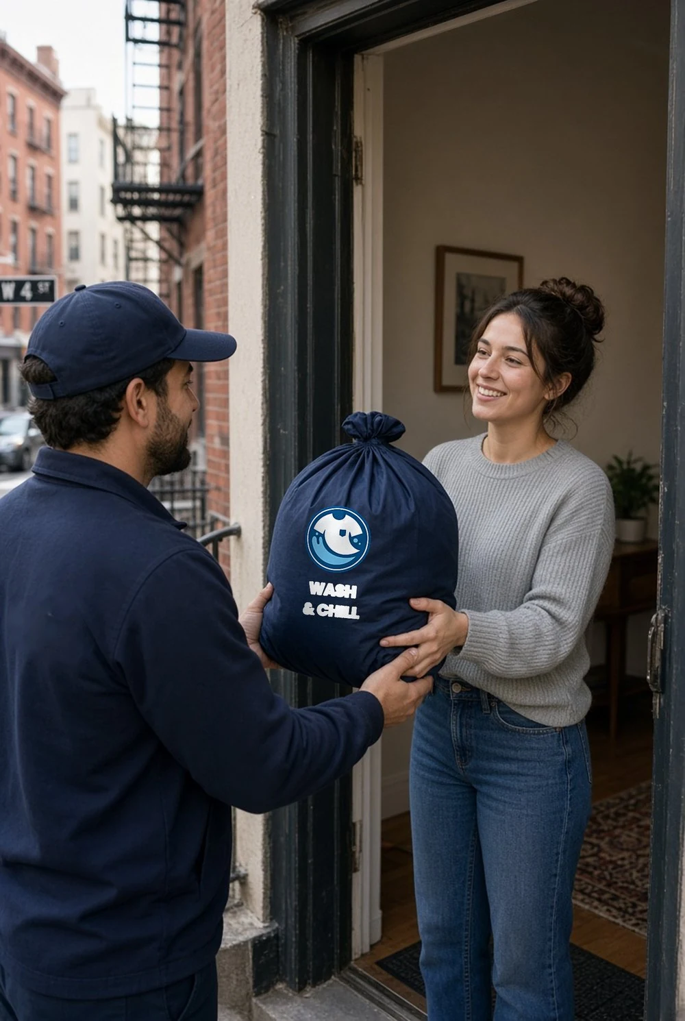 Repartidor entregando una bolsa Wash & Chill a una clienta