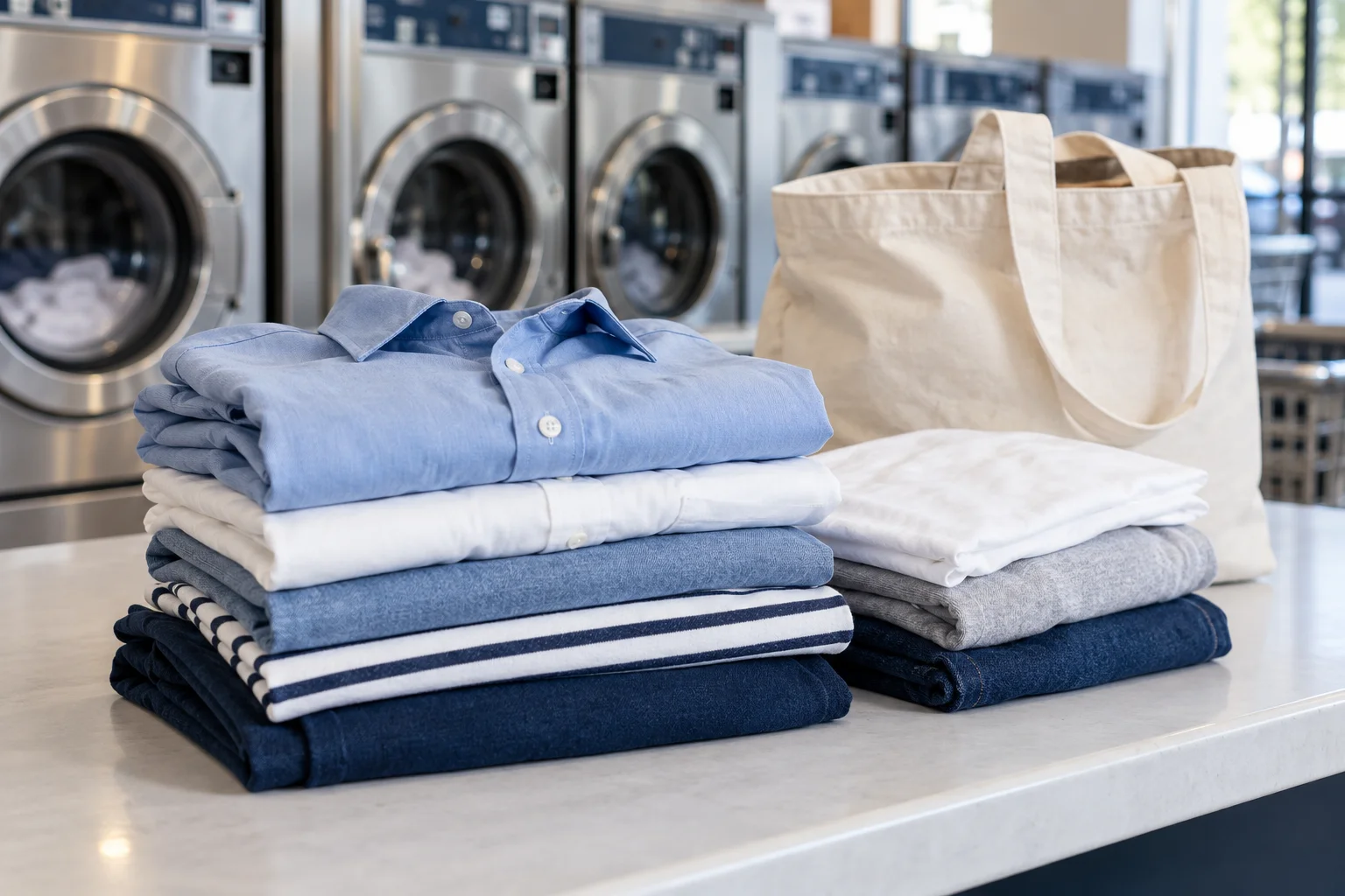 Folded shirts and a canvas laundry bag